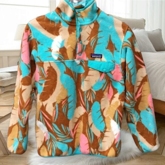 PATAGONIA XS BLUE TOURQUOISE TEAL PINK BROWN  FEATHER DANCE PRINTED  SYNCHILLA - Picture 3 of 15